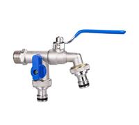 Rubinetto Doppio Giardino Rubinetto for acqua a doppia testa con maniglia blu for lavatrice 1 ingresso 2 uscite Filettatura BSP da 1/2" in ottone for esterni da giardino con doppia(Color-A)