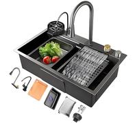 Rubinetto estraibile per lavello da cucina a vasca singola in acciaio inox nero, stazione di lavoro scorrevole e stazione da pranzo, include accessori per il risciacquo in vetro (S: 68 x 45 x 2)