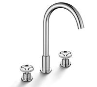 Rubinetto for lavabo da bagno industriale, rubinetto girevole a 360°, 2 maniglie, 3 fori, for appoggio, miscelatore for ad arco alto in ottone, for montare sul ponte, cromato