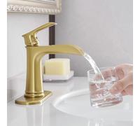 Rubinetto for lavandino con piastra di appoggio, design a cascata, finitura oro spazzolato, una maniglia, include scarico a scomparsa e linee di alimentazione