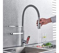 Rubinetto for lavello da cucina diffuso for bar, fattoria, commerciale, estraibile, cromato, acqua calda e fredda, doppio beccuccio girevole, miscelatore for, rotazione a 360°, 3 vie, monoforo