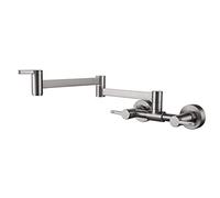 Rubinetto for lavello da cucina pieghevole in ottone con braccio oscillante, miscelatore da cucina a doppio foro a parete for acqua calda e fredda con 3 maniglie, nero (Color : Brushed Nickel)