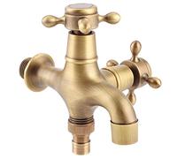 Rubinetto in ottone massiccio Vintage Rubinetto per lavatrice Interfaccia G1/2 pollice, Classico rubinetto dell'acqua con doppia uscita Rubinetto da giardino montato a parete, maniglia a croce antica
