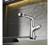 Rubinetto Lavabo con Lancia Estraibile, Rubinetto Lavabo Regolabile in Altezza, Miscelatore Bagno Girevole 360° con 4 Getto, Rubinetteria in Acciaio Inossidabile Cromato Lucido, Cromo