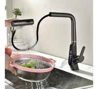 Rubinetto Lavello Cucina a Cascata, Rubinetto Cucina con Doccetta Estraibile, Display digitale a LED, 3 Modalità Miscelatore Cucina, Rotazione di 360°, 59A Rame, Anti Corrosivo (Grigio)