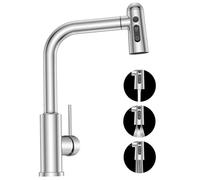 Rubinetto Lavello Cucina con Doccetta Estraibile - SREWOHS PRO Flessibile Miscelatore Cucina G3/8 con 3 Tipi di Spruzzo, Monocomando Rubinetti per Lavelli da Cucina Orientabile a 360°,In acciaio inox