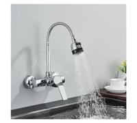 Rubinetto miscelatore acqua calda e fredda da cucina a doppio foro con montaggio a parete cromato, aeratore spray, tubo flessibile girevole a 360°(Chrome)