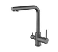 Rubinetto miscelatore da cucina moderno a 3 vie, con acqua filtrata calda e fredda, doppio manico, elegante finitura bianca, ideale per cucine domestiche contemporanee