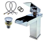 MAKA Rubinetto Lavabo Bagno a Cascata in Acciaio Inox Cromato con Piletta Inclusa Miscelatore Monocomando Lavandino Cucina ad Alta Pressione Kit Montaggio Guarnizioni e Tubi Satinato (h 16.5 cm)