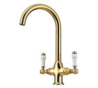 Rubinetto miscelatore tradizionale per lavello da cucina con doppia maniglia in ceramica bianca girevole a 360 ° becco a collo di cigno 1 foro rubinetti miscelatori oro brillante 10 anni di garanzia