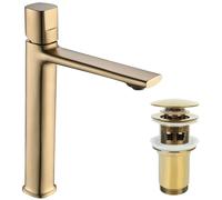 Rubinetto monocomando per lavabo da appoggio Laveo Tores, color oro champagne.
