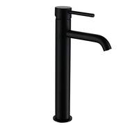Rubinetto monocomando per lavabo ZUÑ nero alto design stilizzato e arrotondato, in ottone e finitura nera opaca, con guarnizioni e tubo flessibile e cartuccia