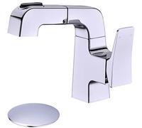 Rubinetto per Bagno con Maniglia Singola, doccetta Estraibile, Miscelatore per lavabo in Ottone con Montaggio su Piano, 1 Foro, Filtro di Scarico a Scomparsa Incluso, Cromato