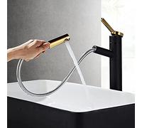 Rubinetto per Bagno Estraibile, Maniglia Singola, Girevole a 360°, Nero e Cromato, Rubinetto per lavabo ad Arco Alto con doccetta Retrattile per bagni Moderni
