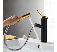 Rubinetto per Bagno Estraibile, Maniglia Singola, Girevole a 360°, Nero e Cromato, Rubinetto per lavabo ad Arco Alto con doccetta Retrattile per bagni Moderni