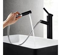 Rubinetto per Bagno Estraibile, Maniglia Singola, Girevole a 360°, Nero e Cromato, Rubinetto per lavabo ad Arco Alto con doccetta Retrattile per bagni Moderni