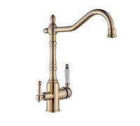 Rubinetto Per Cucina 3 Vie Per Sistemi Osmosi Doppia Leva Girevole A 360° Ottone Miscelatore Cucina Tre Vie Bocca Alta, Acqua Fredda E Calda Rubinetto Lavello Cucina, Vintage Anticato, Oro