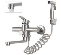 Rubinetto per Cucina a Muro, Rubinetto da Muro con Doccetta Spazzolata | Rubinetto Lavello Cucina, Miscelatore Caldo e Freddo Girevole a 360°, Tubo Rotante 23cm, Acciaio Inossidabile