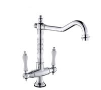 Rubinetto Per Cucina, Doppio Comando Girevole A 360° Ottone Miscelatore Cucina Bocca Alta, Acqua Fredda E Calda Rubinetto Lavello Cucina, Vintage Anticato, Cromato