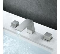 Rubinetto per lavabo a 3 fori in ottone spazzolato, design a cascata, con 2 maniglie, elegante rubinetto per lavabo per bagni moderni e impianto elegante