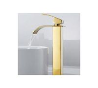 Rubinetto per lavabo a cascata con bocca alta, moderno miscelatore monoforo cromato quadrato per acqua fredda e calda (oro)