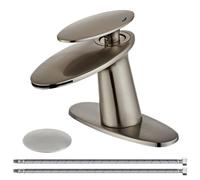 Rubinetto per lavabo da bagno a cascata in nichel spazzolato, rubinetto monocomando a foro singolo in ottone per lavabo, miscelatore a corpo inclinato con tubo di alimentazione e piletta di scarico