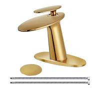 Rubinetto per lavabo da bagno a cascata in oro lucido, rubinetto monocomando a foro singolo in ottone per lavabo, miscelatore con corpo inclinato, tubo di alimentazione e piletta di scarico a scompa