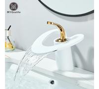 Rubinetto per lavabo da bagno a cascata in ottone Rubinetto per lavabo con acqua calda e fredda Montaggio su piano Miscelatori monoforo con maniglia singola Black Chrome