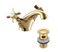 Rubinetto per lavabo da bagno in stile vittoriano dorato con tappo per lavabo a doppia leva a croce in ottone a collo di cigno miscelatore tradizionale per lavabo 044GO