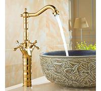 Rubinetto per lavabo in Ottone Doppia Maniglia Miscelatori a Doppio Foro per Bagno Acqua Calda e Fredda Finitura Dorata Montaggio su Piano (SLT0082-G)