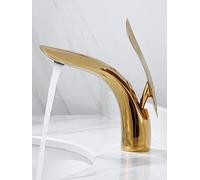 Rubinetto per lavabo, Rubinetto per lavabo, Miscelatore monocomando per Acqua Calda e Fredda in Ottone, Oro Cromato, Nero, Miscelatore per lavabo a Foglia, Gru (Corto Dorato)
