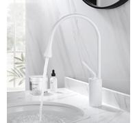 Rubinetto per lavabo stile goccia in ottone spazzolato Rubinetti per bagno Miscelatore freddo Rubinetti a cascata girevoli a 360° Gru artistica, Bianco corto