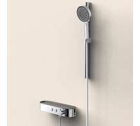 Rubinetto per vasca da bagno grigio a parete con beccuccio a cascata e soffione doccia cromato con barra doccia rigida - Apparecchio da bagno moderno per un'esperienza doccia di lusso