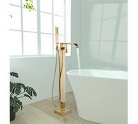 Rubinetto per vasca da bagno indipendente in oro spazzolato Montaggio a pavimento a cascata Riempimento vasca ad alto flusso con doccia a mano in ottone massiccio girevole a 360 gradi Rubinetti per