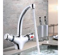 Rubinetto termostatico per lavabo, in acciaio inox, con manopola a due maniglie, miscelatore per cucina, rubinetto per cucina, bagno, lucido, argento