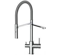 Rubinetto tre vie cucina cromato con molla estensibile e doccia estraibile 2 getti per utilizzo con filtro depuratore