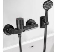 Rubinetto Vasca da Bagno a Cascata Nero, Miscelatore a Parete in Ottone Massiccio, Doccetta 5 Funzioni, Tubo Acciaio Inox 1,5m, Antiperdita per Bagno Moderno