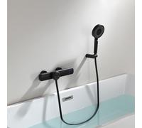 Rubinetto Vasca da Bagno con Doccetta, Miscelatore Vasca da Bagno a Cascata, Miscelatore Doccia con Termostatico in Ottone, Rubinetto per Vasca con Soffione Doccia 3 Geti e 1,5m Tubo (Nero)