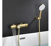 Rubinetto Vasca da Bagno Termostatico, Rubinetto per Vasca a Cascata con Doccetta 3 Geti, Miscelatore Vasca da Bagno in Ottone a Parete con Supporto Soffione e 1.5m Tubo Doccia (Oro spazzolato)