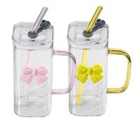 Rubu22a 2 bicchieri in vetro da 400 ml con fiocco e cannuccia, bicchieri da caffè freddo, set di bicchieri da long drink, design ermetico e impermeabile, ideali come caffè (rosa + giallo)