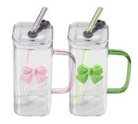 Rubu22a 2 bicchieri in vetro da 400 ml con fiocco e cannuccia, bicchieri da caffè freddo, set di bicchieri da long drink, design ermetico e impermeabile, ideali come caffè (rosa + verde)