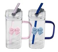 Rubu22a 2 bicchieri in vetro da 400 ml con fiocco e cannuccia, bicchieri da caffè freddo, set di bicchieri da long drink, design ermetico e impermeabile, ideali come caffè (rosa + blu)