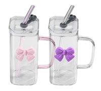 Rubu22a 2 bicchieri in vetro da 400 ml con fiocco e cannuccia, bicchieri da caffè freddo, set di bicchieri da long drink, design ermetico e impermeabile, ideali come caffè (rosa + viola)