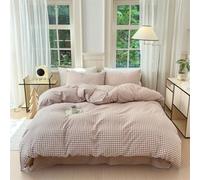 Ruccit - Set Copripiumino Beige Gingham King Size 100% Cotone Lavato Grigio Scacchiera Grigia Set Copripiumino King con Motivo a Quadri 3 Pezzi con Chiusura a Cerniera e Lacci Angolari, Morbido e