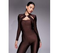 Ruched & Ready - Body attillato color cioccolato lucido a maniche lunghe con spalline rimovibili e cut-out in coordinato-Marrone XS