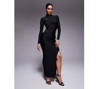 Ruched & Ready - Looked Twice - Gonna lunga sagomata nera lucida drappeggiata sul davanti con spacco sulla coscia in coordinato-Nero XXL