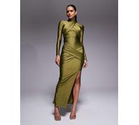 Ruched & Ready - Looked Twice - Gonna lunga sagomata verde oliva lucida drappeggiata sul davanti con spacco sulla coscia in coordinato L