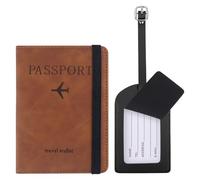 RUCUDIM 2 Pezzi Porta Passaporto da Viaggio, Custodia Porta Passaporto e Etichette Valigie, Portapassassaporto, Custodia Passaporto da Viaggio Pelle PU, Supporto per Carte D'Identità(Marrone)