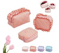 Ruffle Pouch Bag, 3PCS Small Plaid Quilted Makeup Bags Set for Travel, Ruffle Makeup Bag, Mini Ruffle Cosmetic Toiletry Bags (Red)