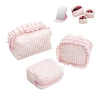Ruffle Pouch Bag, Cute Travel Gingham Ruffle Pouches Toiletry Bags, Multifunction Organizer Checkered Toiletry Bags with Zipper for Women Girls, Bridesmaid Gifts (Pink,3PCS)